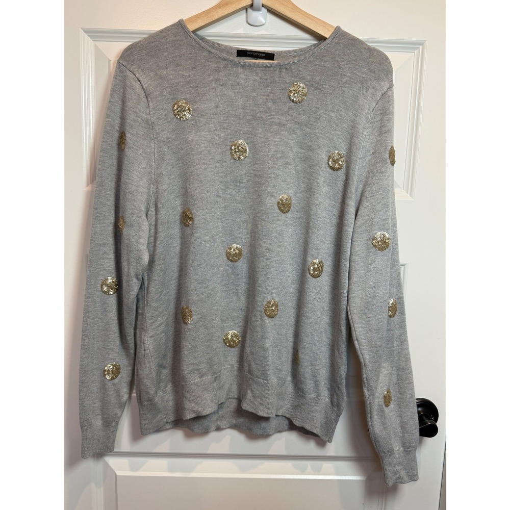Portmans Gray Sequin Polka Dot Knit Sweater Womens Long Sleeve Crew Neck Gold L